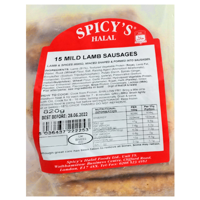 Spicys Halal 15 Mild Lamb Sausages