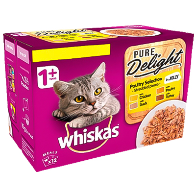 Whiskas Pure Delight Adult 1+ Wet Cat Food Pouches Poultry Collection In Jelly 12 X