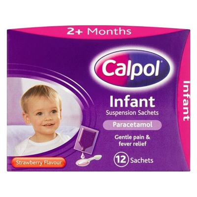 Calpol Infant Paracetamol Suspension 2+ Months Strawberry Flavour Sugar-free 12 Sachets