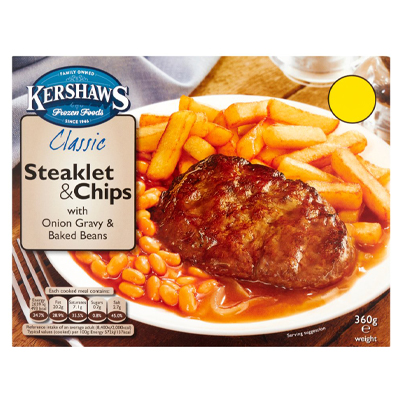 Kershaws Classic Steaklet And Chips With Onion Gravy And Baked Beans