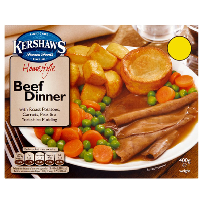 Kershaws Homestyle Beef Dinner With Roast Potatoes, Carrots, Peas & A Yorkshire Pudding