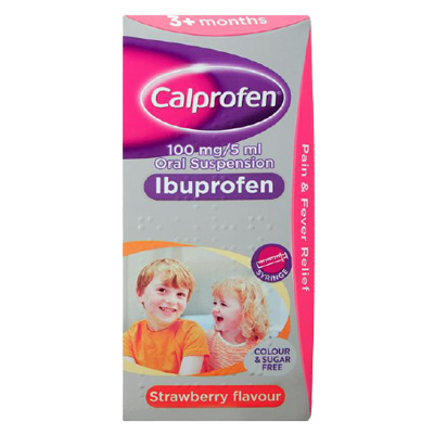 Calprofen 100mg/5ml Oral Suspension Ibuprofen Strawberry Flavour 3+ Months