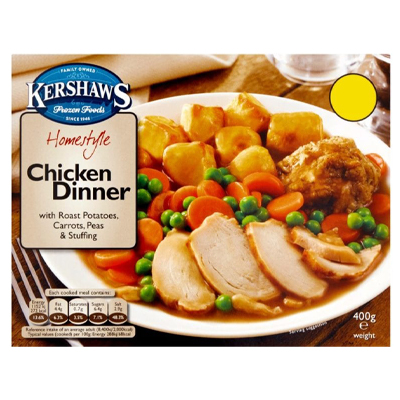 Kershaws Homestyle Chicken Dinner With Roast Potatoes Carrots Peas And Stuffing