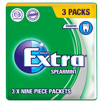 Wrigleys Extra Spearmint Sugar Free Chewing Gum 3 X 9 Pieces