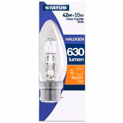 Status - Halogen - 42W Clear Candle Bulb - 630 Lumen - Small Bayonet Cap.