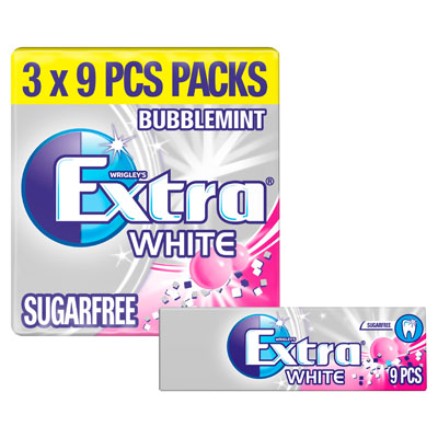 Wrigleys Extra White Bubblemint Sugar Free Chewing Gum 3 X 9 Pieces