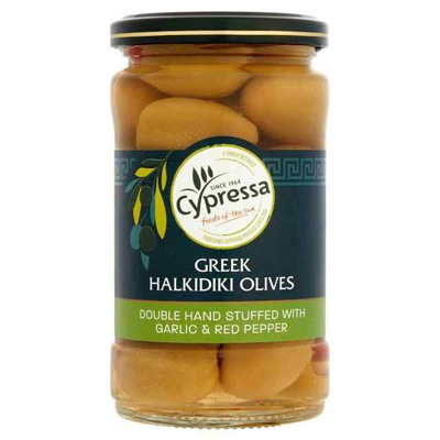 Cypressa Greek Halkidiki Olives Double Stuffed With Garlic & Red Pepper