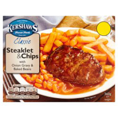 Kershaws Classic Steaklet And Chips With Onion Gravy And Baked Beans