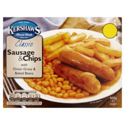 Kershaws Classic Sausage And Chips With Onion Gravy And Baked Beans